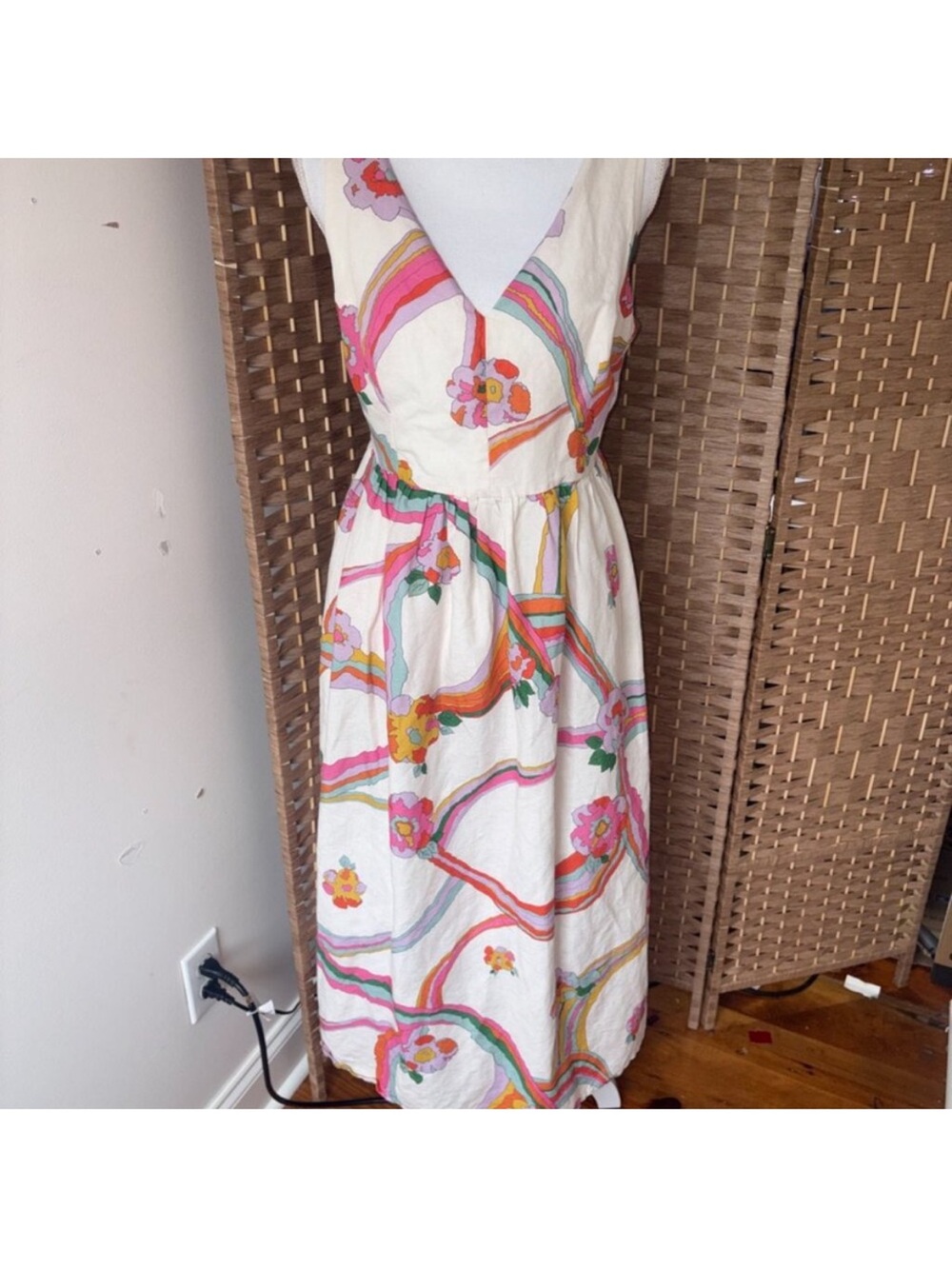 Vilagallo Floral Linen Blend Dominique Midi Summer Vacay Dress size 40 (US 8)